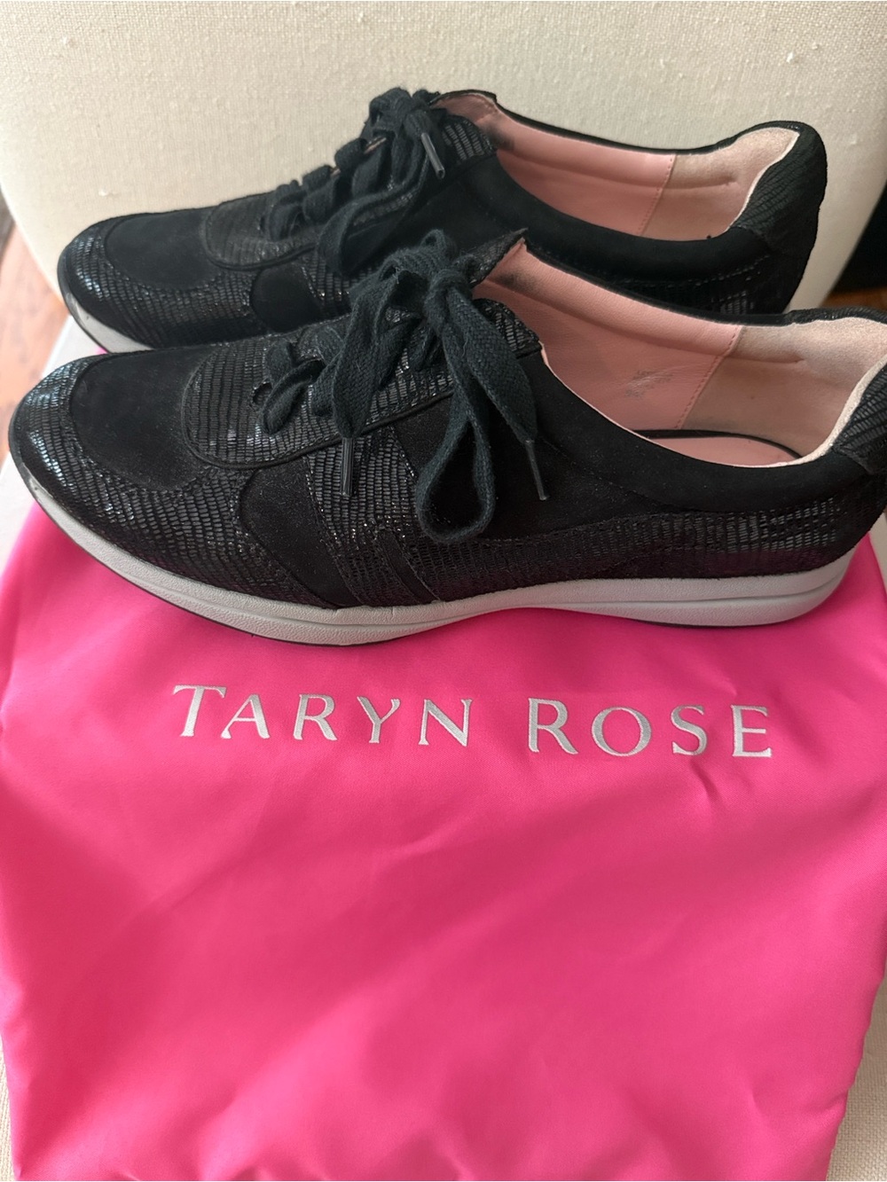 Taryn Rose Black Lace-Up Sneakers with Pink Interior & tan soles EUC